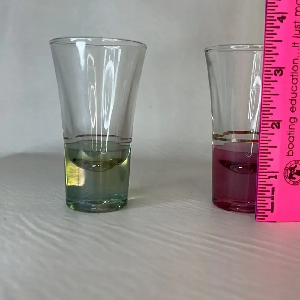 Shot Glasses Set Two Gold Gilt 1 Cranberry Red  1 Green 3 1/2 In Tall 2 In Round